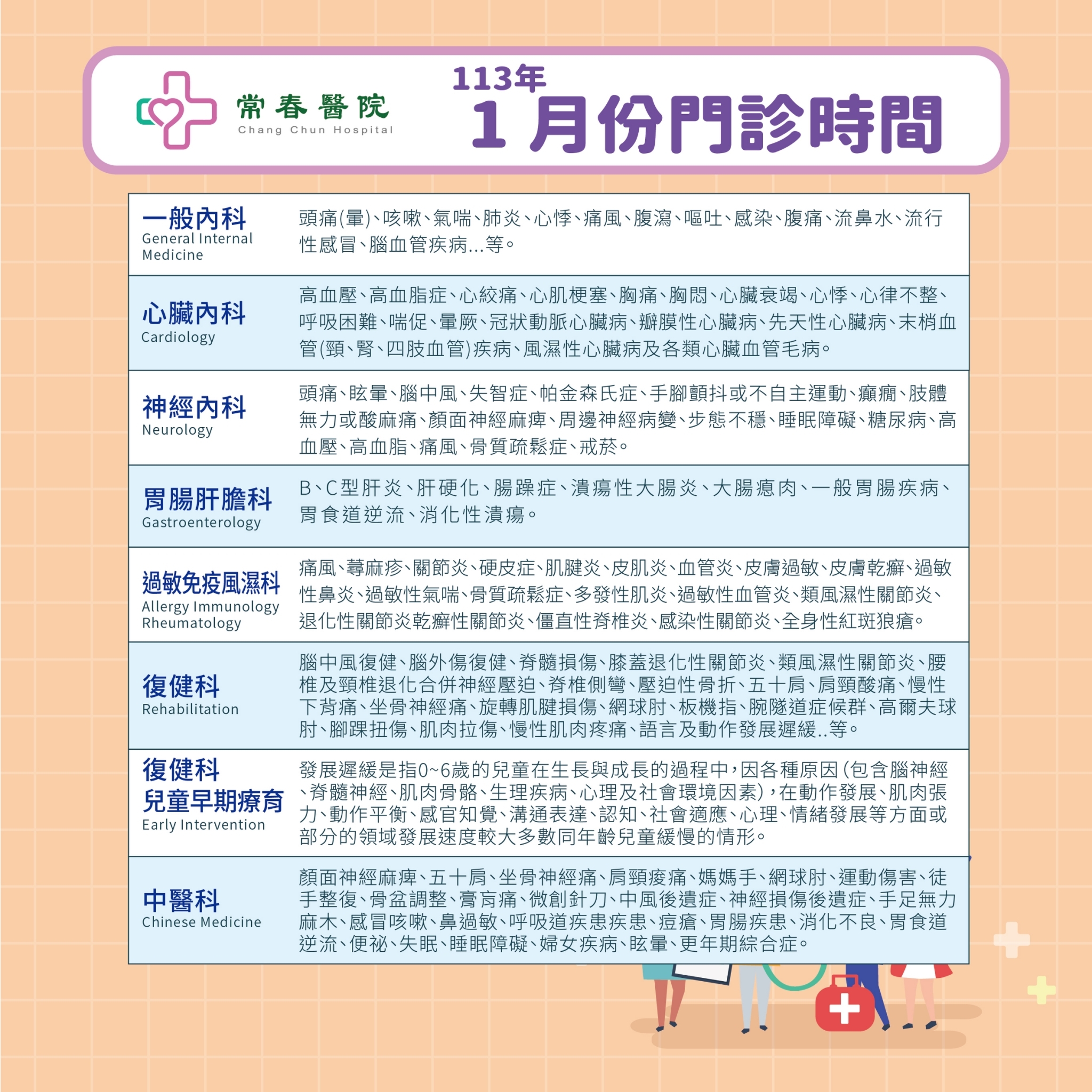 常春門診表113年01月份