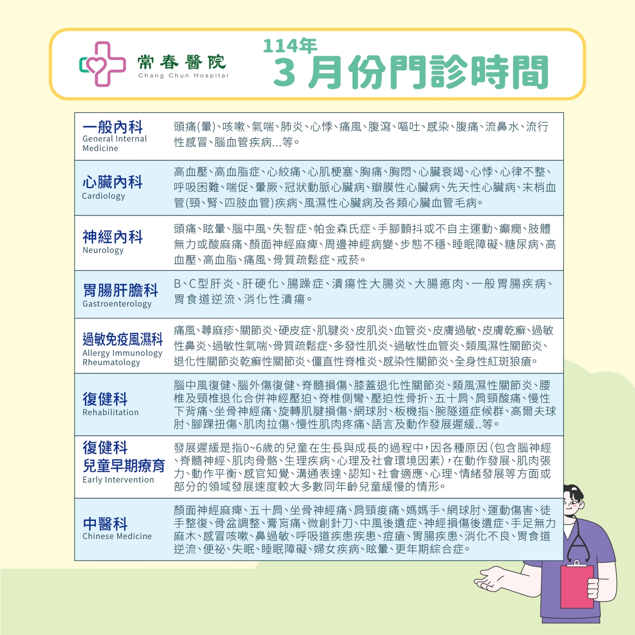常春門診表114年03月份