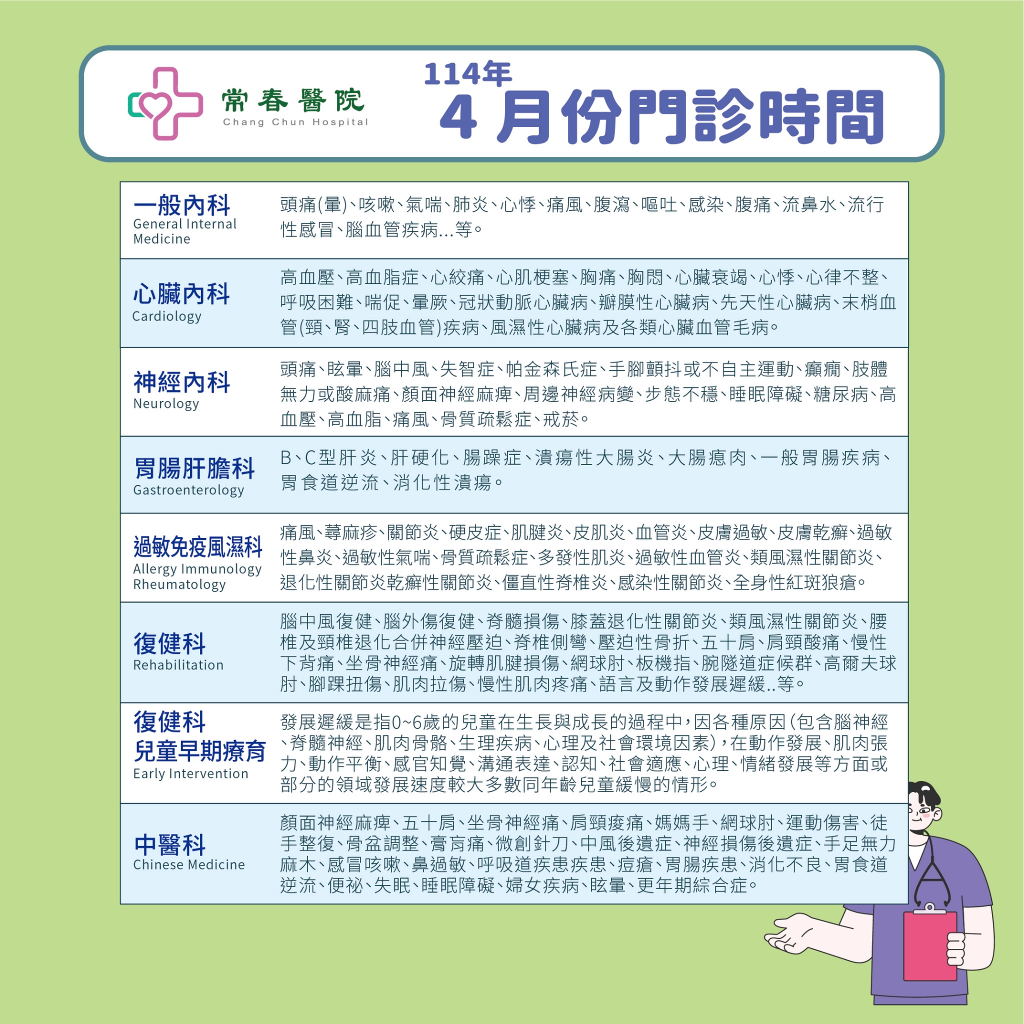 常春門診表114年04月份